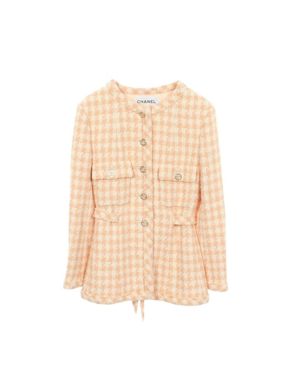 Chanel Collarless Jacket CC Logo Button Houndstooth Tweed Orange Cotton